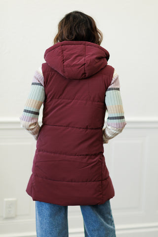Long Hooded Puffer Vest in Wine
