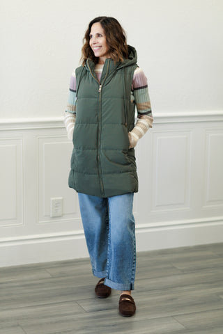 Long Hooded Puffer Vest in Olive