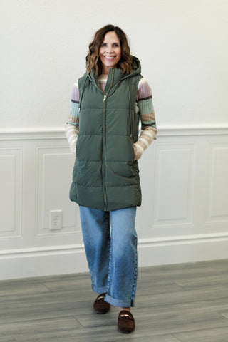 Long Hooded Puffer Vest in Olive