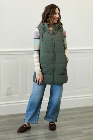 Long Hooded Puffer Vest in Olive