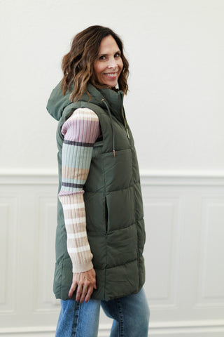 Long Hooded Puffer Vest in Olive