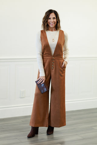 Suede Criss Cross Back Jumpsuit in Camel