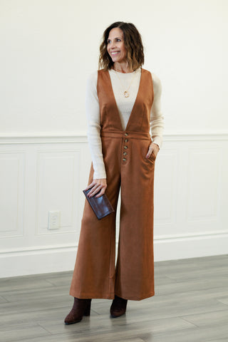 Suede Criss Cross Back Jumpsuit in Camel