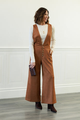 Suede Criss Cross Back Jumpsuit in Camel