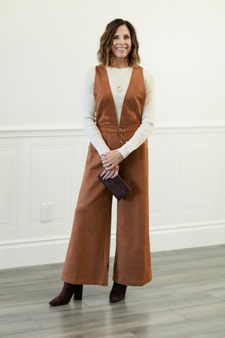 Suede Criss Cross Back Jumpsuit in Camel