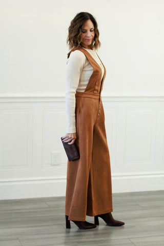 Suede Criss Cross Back Jumpsuit in Camel