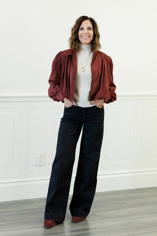Suede Gathered Blouson Jacket in Merlot