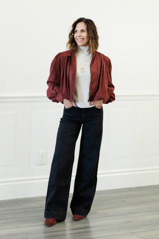 Suede Gathered Blouson Jacket in Merlot