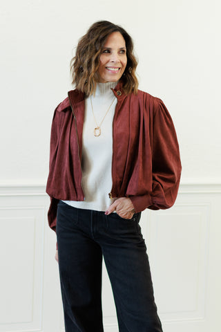 Suede Gathered Blouson Jacket in Merlot