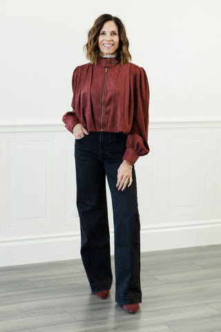 Suede Gathered Blouson Jacket in Merlot