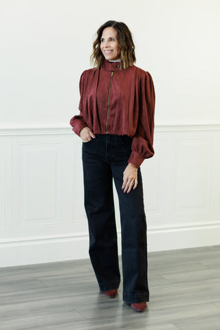 Suede Gathered Blouson Jacket in Merlot