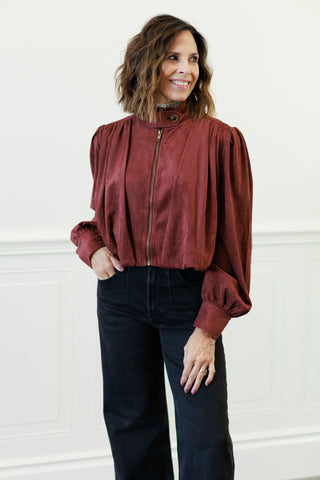 Suede Gathered Blouson Jacket in Merlot