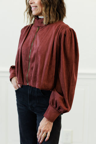 Suede Gathered Blouson Jacket in Merlot