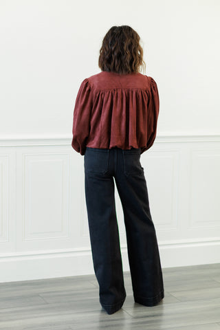 Suede Gathered Blouson Jacket in Merlot