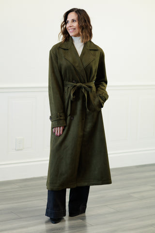 Notch Collar Maxi Suede-Look Trench Coat in Olive