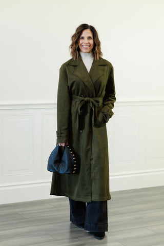 Notch Collar Maxi Suede-Look Trench Coat in Olive