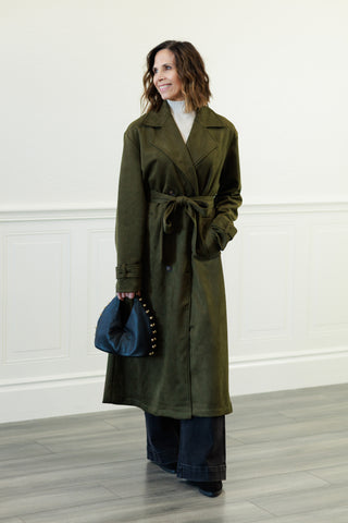 Notch Collar Maxi Suede-Look Trench Coat in Olive