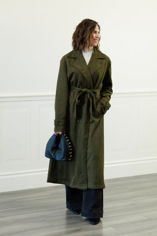 Notch Collar Maxi Suede-Look Trench Coat in Olive