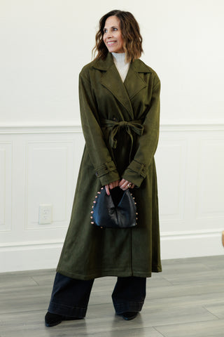 Notch Collar Maxi Suede-Look Trench Coat in Olive