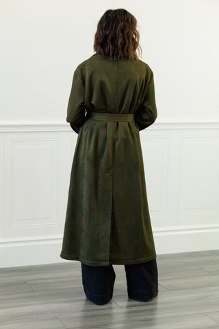 Notch Collar Maxi Suede-Look Trench Coat in Olive