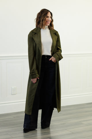 Notch Collar Maxi Suede-Look Trench Coat in Olive