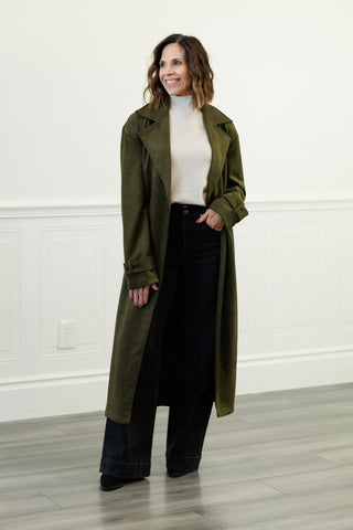 Notch Collar Maxi Suede-Look Trench Coat in Olive