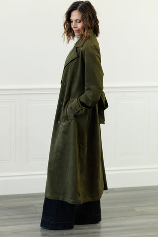 Notch Collar Maxi Suede-Look Trench Coat in Olive