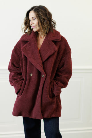 Mystree Double-Breasted Teddy Faux Fur Coat in Burgundy