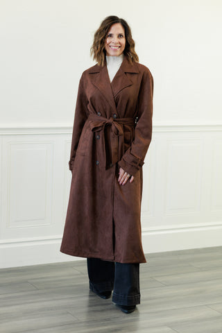 Notch Collar Maxi Suede-Look Trench Coat in Dk. Brown