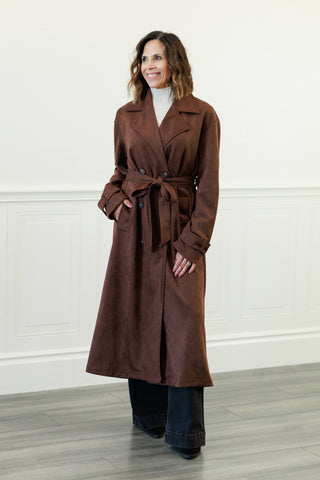 Notch Collar Maxi Suede-Look Trench Coat in Dk. Brown