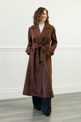 Notch Collar Maxi Suede-Look Trench Coat in Dk. Brown