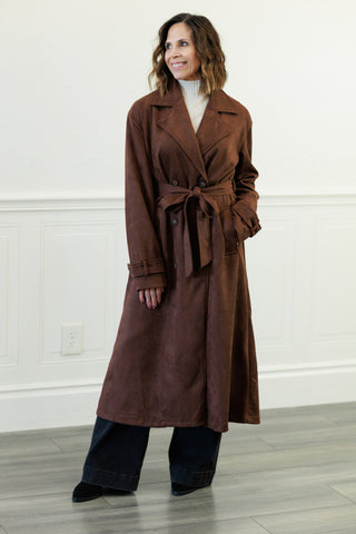 Notch Collar Maxi Suede-Look Trench Coat in Dk. Brown