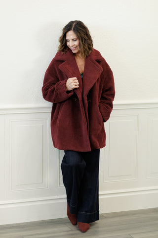 Mystree Double-Breasted Teddy Faux Fur Coat in Burgundy