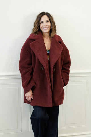 Mystree Double-Breasted Teddy Faux Fur Coat in Burgundy