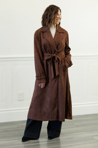 Notch Collar Maxi Suede-Look Trench Coat in Dk. Brown