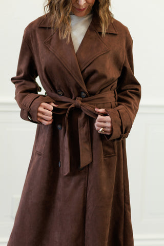Notch Collar Maxi Suede-Look Trench Coat in Dk. Brown