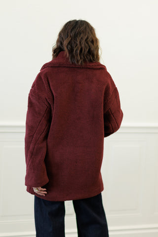 Mystree Double-Breasted Teddy Faux Fur Coat in Burgundy