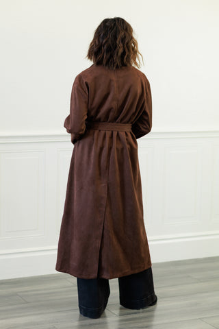 Notch Collar Maxi Suede-Look Trench Coat in Dk. Brown