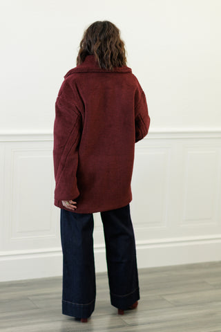 Mystree Double-Breasted Teddy Faux Fur Coat in Burgundy