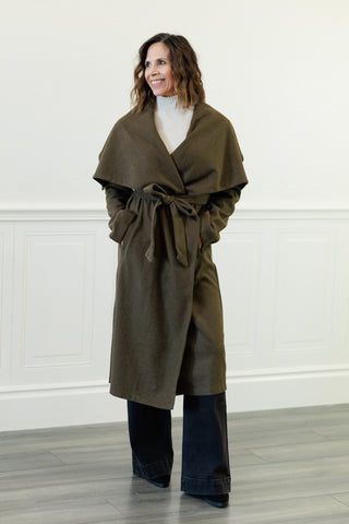 Elizabeth Shawl Collar Long Coat in Olive