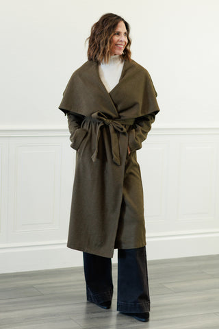 Elizabeth Shawl Collar Long Coat in Olive