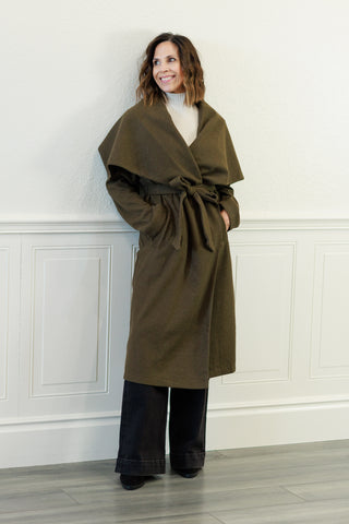 Elizabeth Shawl Collar Long Coat in Olive