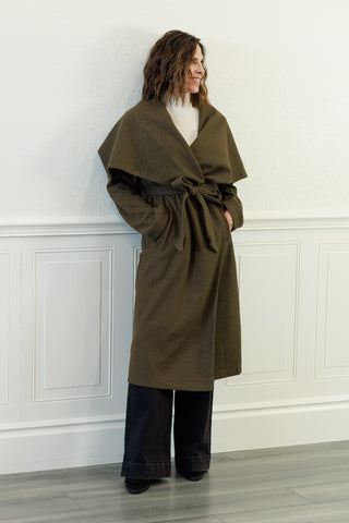 Elizabeth Shawl Collar Long Coat in Olive