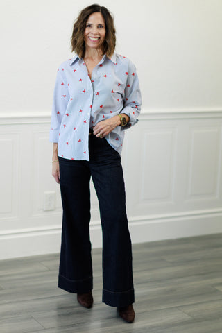 Pinstripe Button Down Shirt with Red Bows