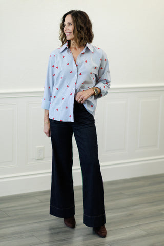 Pinstripe Button Down Shirt with Red Bows