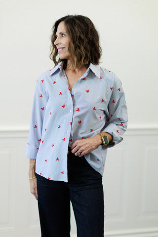Pinstripe Button Down Shirt with Red Bows