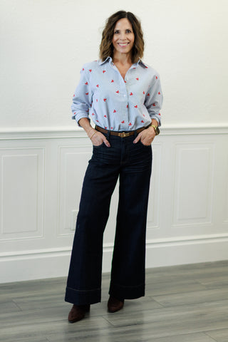 Pinstripe Button Down Shirt with Red Bows