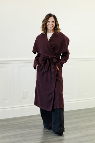 Elizabeth Shawl Collar Long Coat in Burgundy