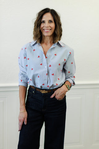 Pinstripe Button Down Shirt with Red Bows