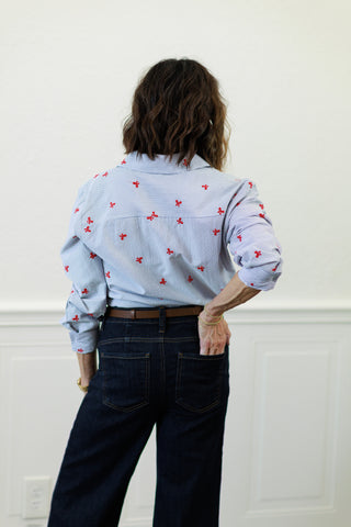 Pinstripe Button Down Shirt with Red Bows